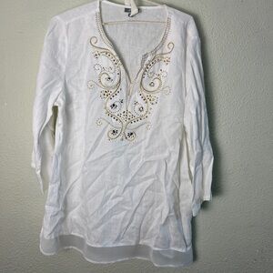 JM Collection White Natural Linen Embellished Tunic Shirt Artsy Top Womens XL